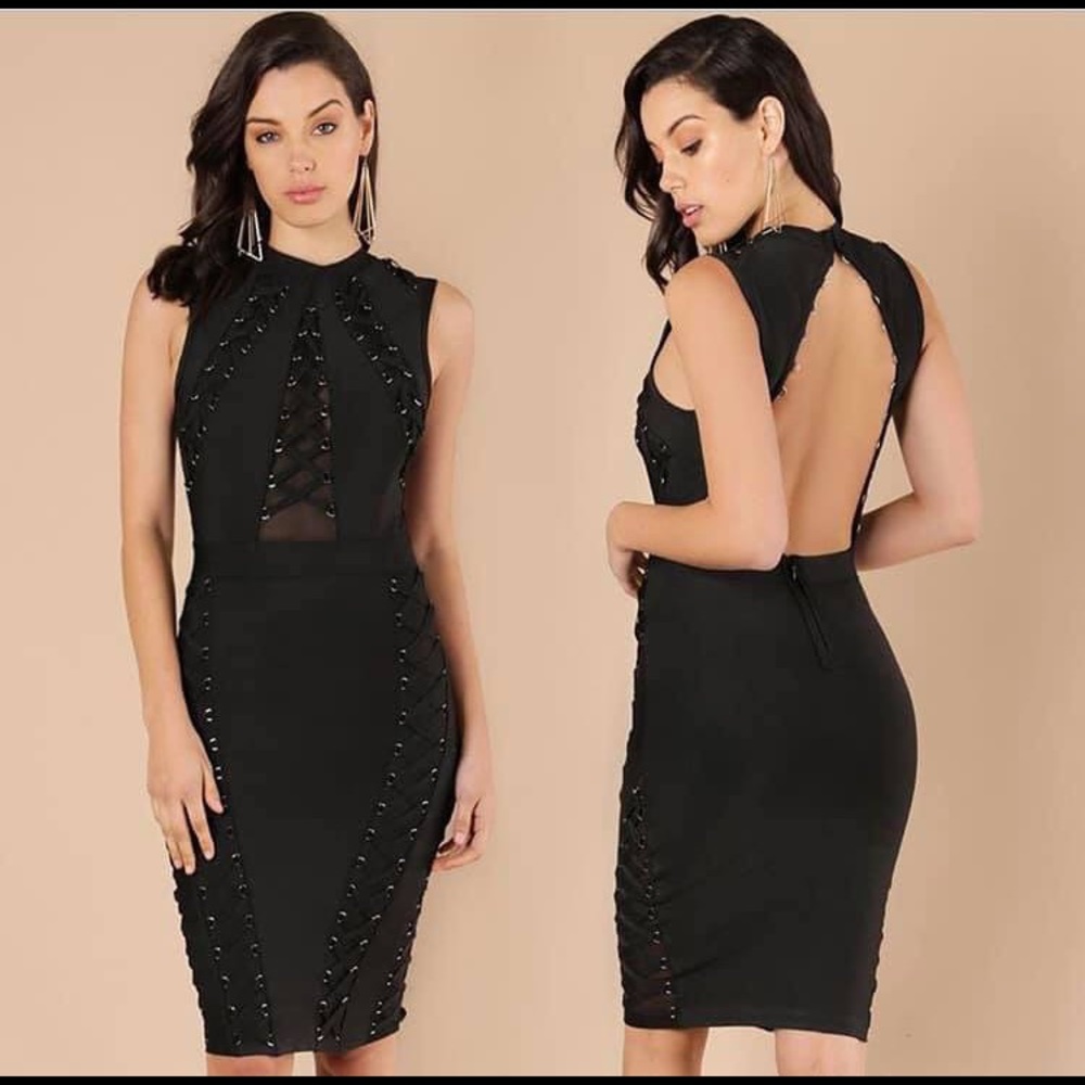 Stunning open back black evening dress